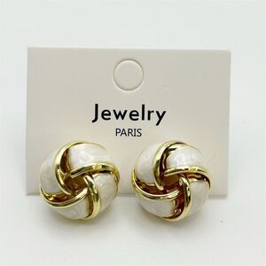 Bold 3D White Enamel and Gold Tone Layered Ribbon Dome Stud Earrings Classic
